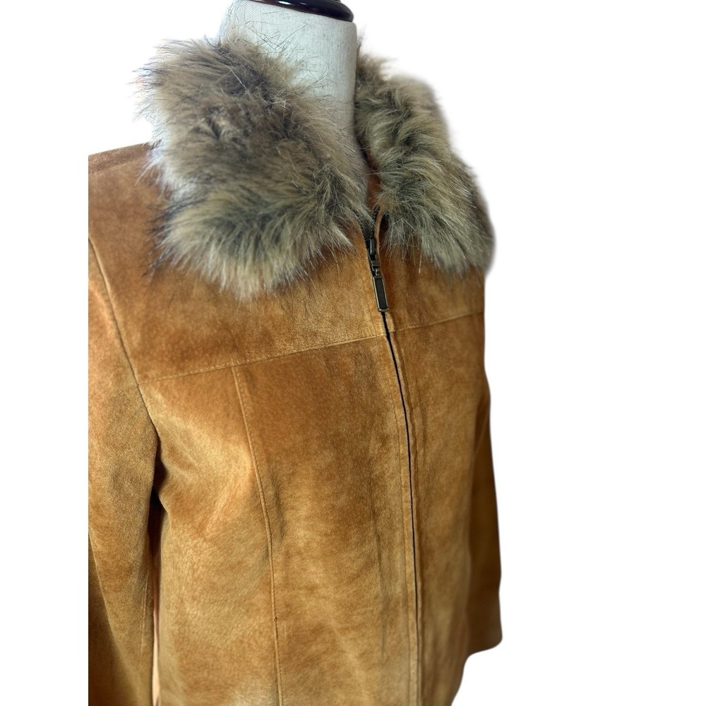 Vtg Fur Collar Suede Leather Camel Brown Jacket Boho Cowgirl Moto Size Small - Picture 11 of 14
